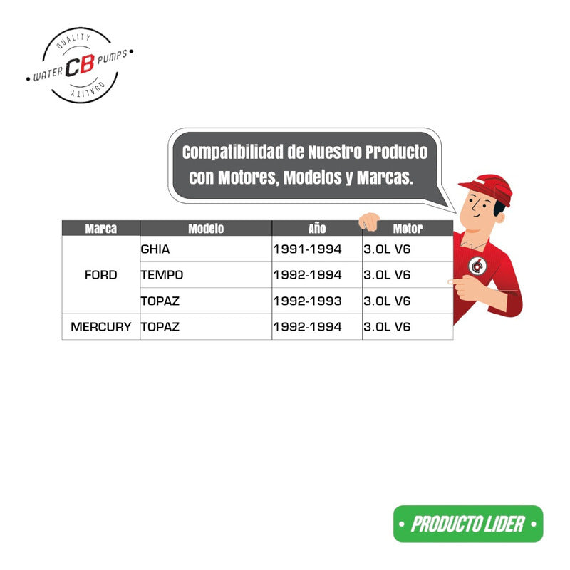 Water Pump Ford Ghia Tempo Topaz V6 3.0l 1992-1994