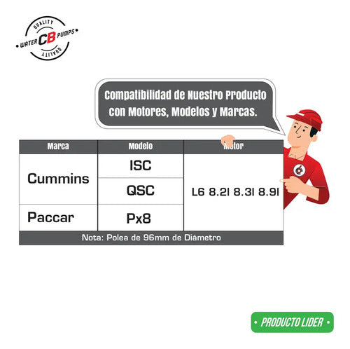 Bomba De Agua Para Paccar Cummins Isc Qsc 8.2 8.9 Polea 96mm